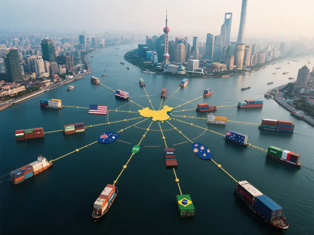 Visualizing our logistics network from Shanghai, China, connecting to regions including the United States, Europe, Australia, Brazil, the Middle East, and Southeast Asia.