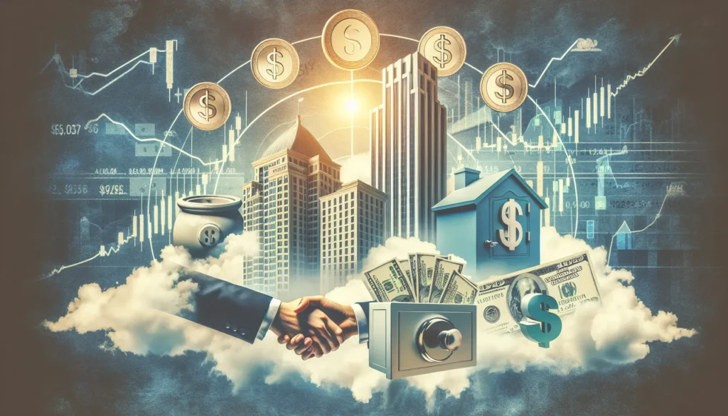 Two businesspeople shaking hands in front of skyscrapers with a safe and US dollar symbols, representing secure corporate gift transactions and partnerships