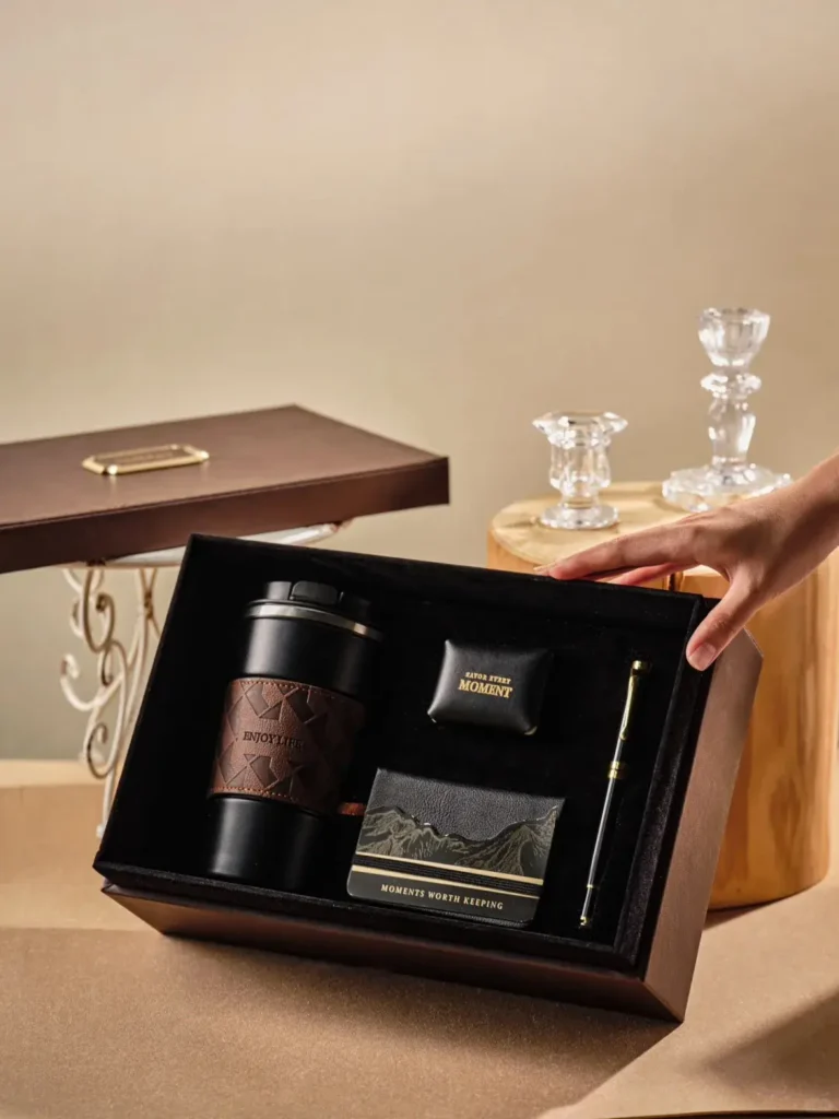 Leather-inspired luxury gift set with car fragrance diffuser and leather storage tray, highlighting organization and elegance