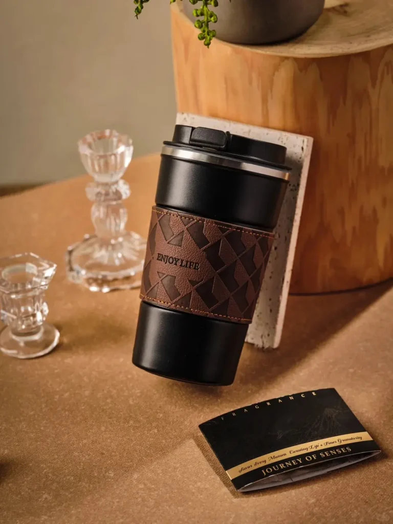 Leather-inspired luxury gift set featuring premium thermal flask to keep beverages hot or cold during meetings
