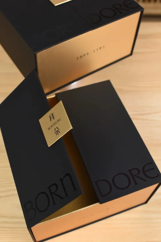 Opened custom gift box showcasing interior space for corporate gifts, spa products, or chocolates