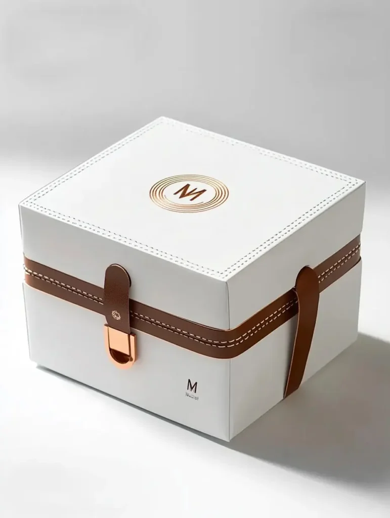 Angled view of a white leather custom gift box, highlighting its sleek design and premium texture, ideal for customized gifts, custom logo gifts, and corporate gifts.