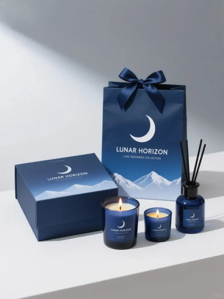 Blue and white employee appreciation gift box with mountain design, featuring large and small candles and a blue aromatherapy diffuser — creative employee appreciation gift ideas