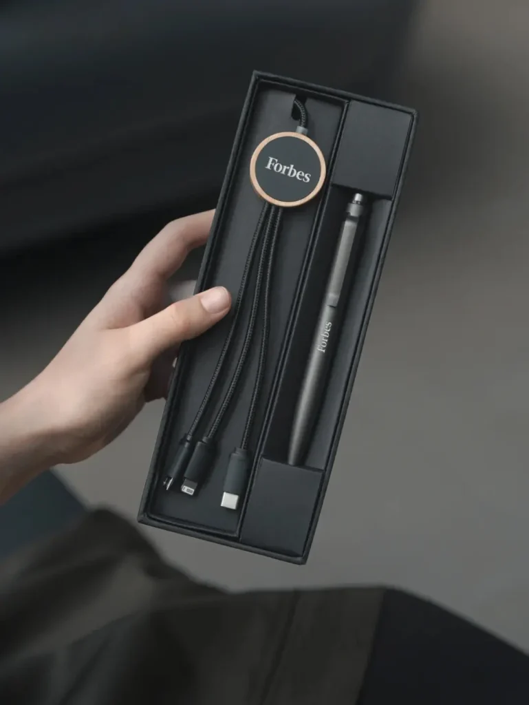 Branded data cable and pen gift box with logo for trade show giveaways