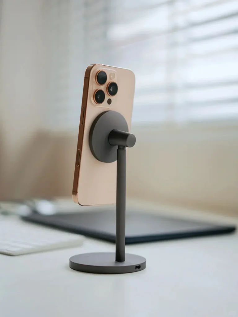 Branded magnetic phone stand used as a tech trade show giveaway