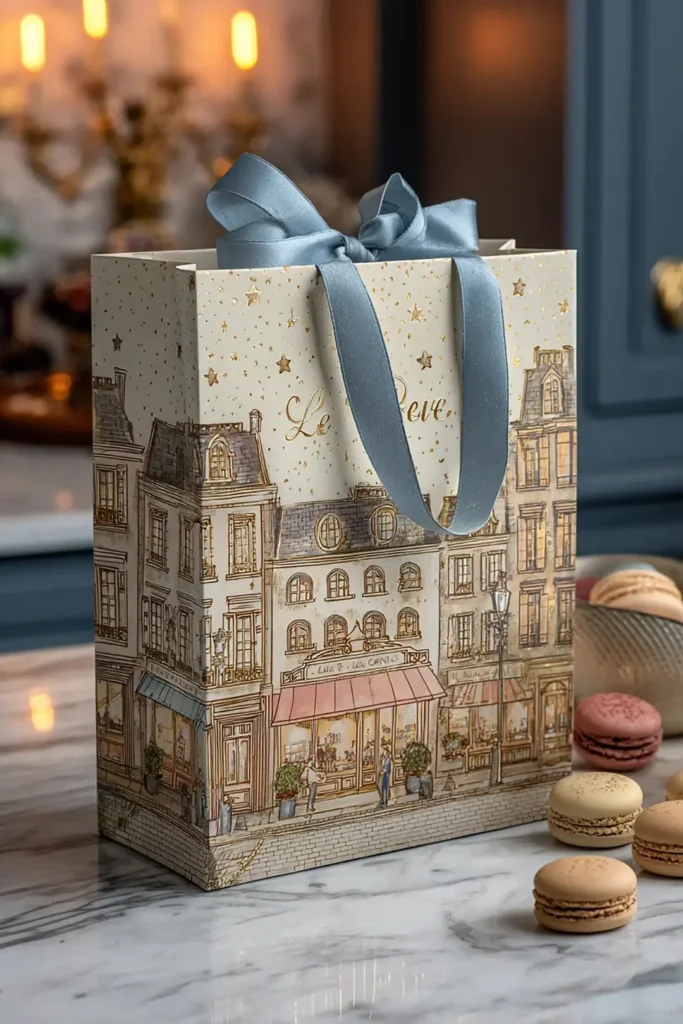 Promotional gift bag with colorful sketch of a shop, designed for custom promotional items