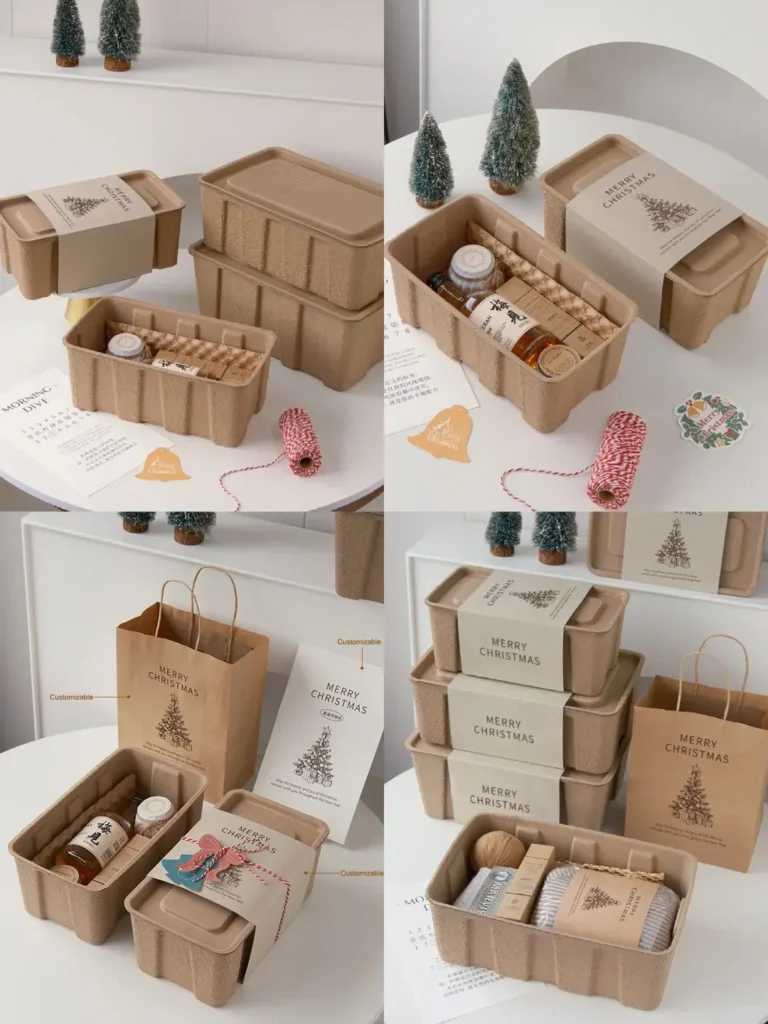 Small-batch custom Christmas gift boxes with reindeer and snowman designs, featuring personalized name bands, eco-friendly paper material, and perfect for gifts like scarves, toys, or aromatherapy sets.