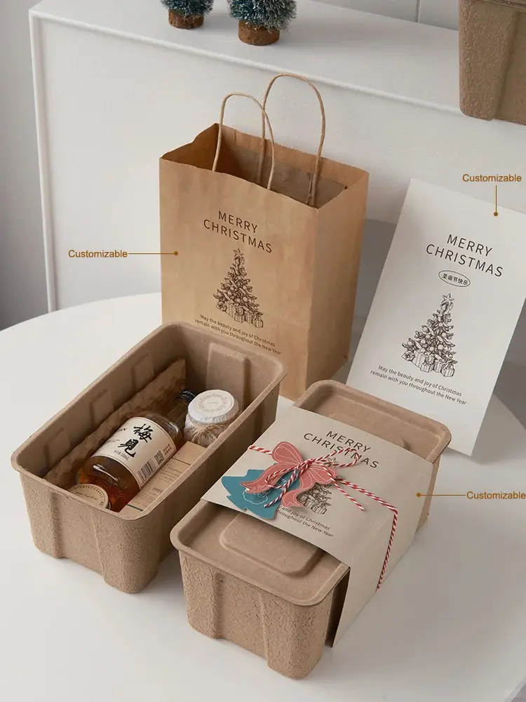 Customizable Christmas gift packaging with editable tags, greeting cards, tote bags, and wrapping paper — perfect for personalized corporate Christmas gifts and festive branding.