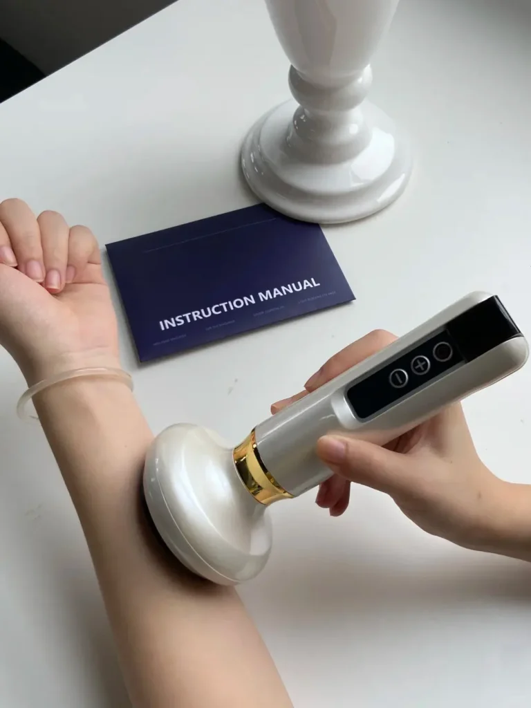 A woman trying out a luxury massage device from a premium corporate gift set, perfect for luxury CEO gifts and luxury corporate gifts ideas.