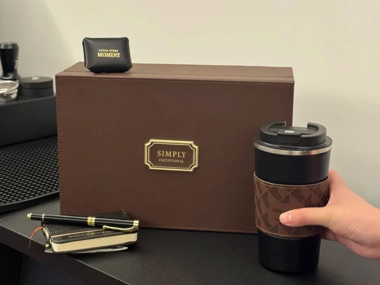 Luxury CEO gift set featuring a premium leather box, elegant notebook, high-end fountain pen, and sleek insulated cup.