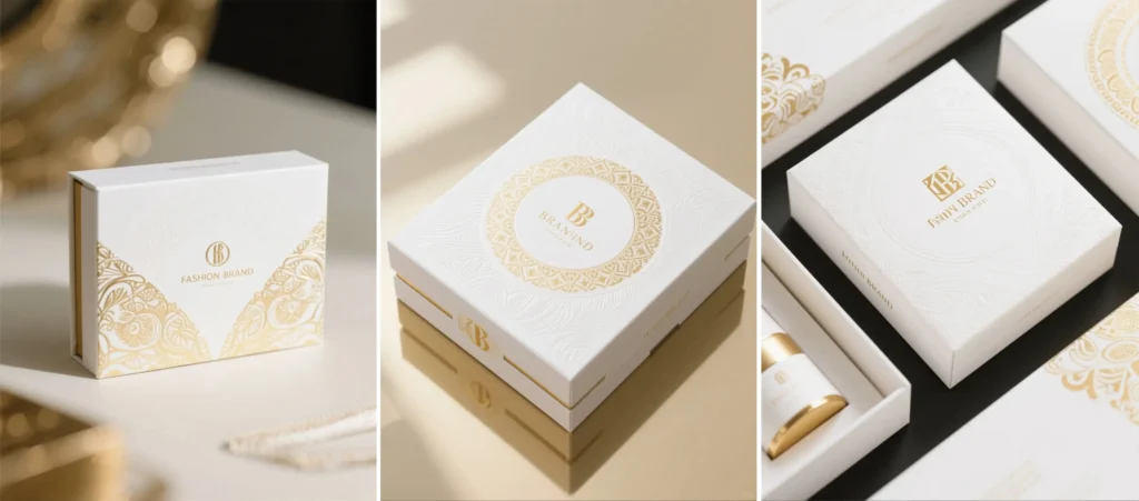Luxury rigid lid-and-base gift box featuring embossing, debossing, gold foil stamping, and a mix of glossy and matte finishes for premium custom packaging.