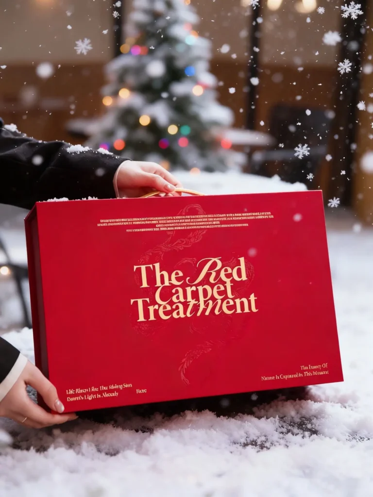 Red Christmas gift box surrounded by snow and a Christmas tree, perfect for corporate Christmas gifts and festive gift ideas.