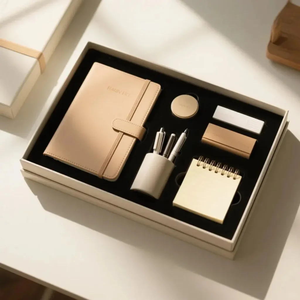Cream-colored stationery gift set with notebook, ballpoint pen, pen holder, sticky notes, and a mini pouch