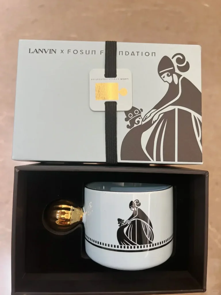 LANVIN promotional gift set featuring a uniquely designed ceramic mug with a custom-designed gift box showcasing elegant brand patterns.