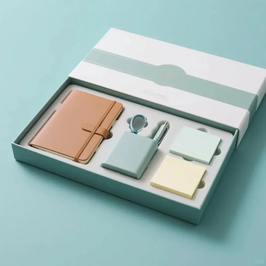 Light gray stationery gift box with notebook, ballpoint pen, pen holder, and sticky notes