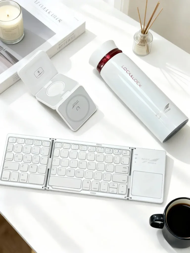 هدايا مخصصة للأعمال معروضة على مكتب بعد فتح العلبة، تحتوي على زجاجة حرارية ولوحة مفاتيح قابلة للطي وشاحن لاسلكي قابل للطي لتكريم الموظفين