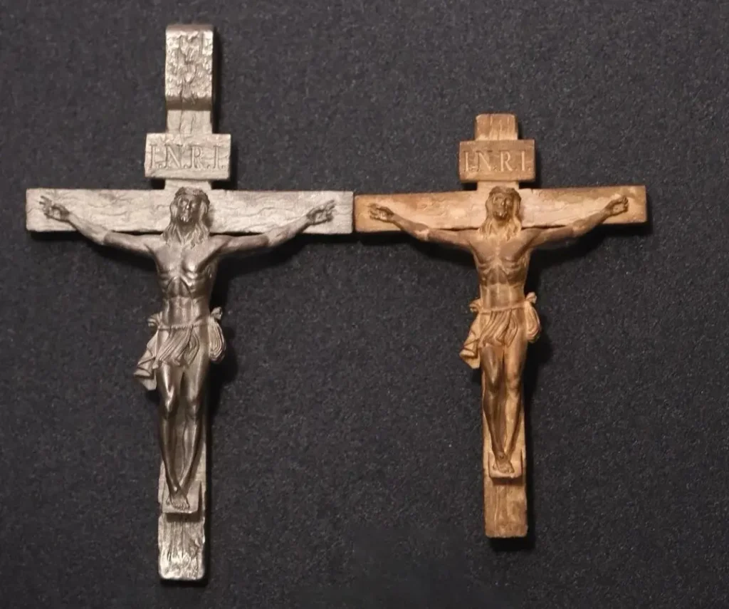 Two wooden crosses in different sizes and wood materials, showcasing custom wood gifts with a natural, faith-inspired aesthetic for churches, Christian events, and meaningful religious gifting.