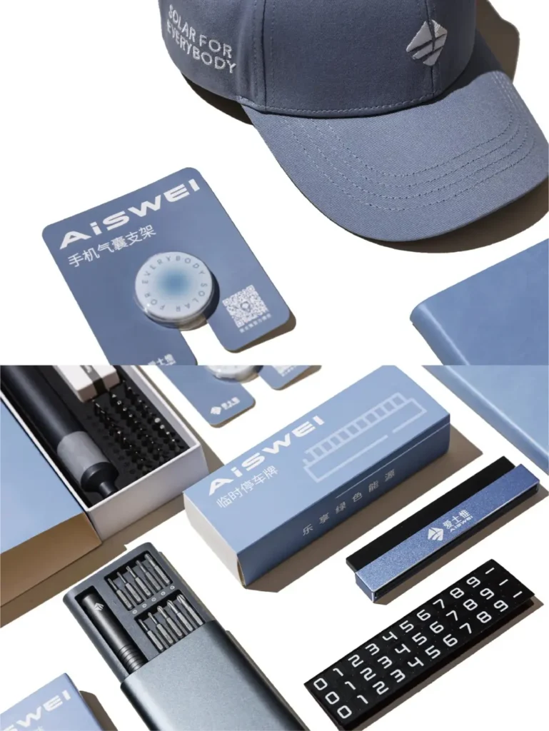 Blue themed company swag gift set shown from different angles, including umbrella, foldable fan, phone grip, canvas bag, cap, power bank and backpack