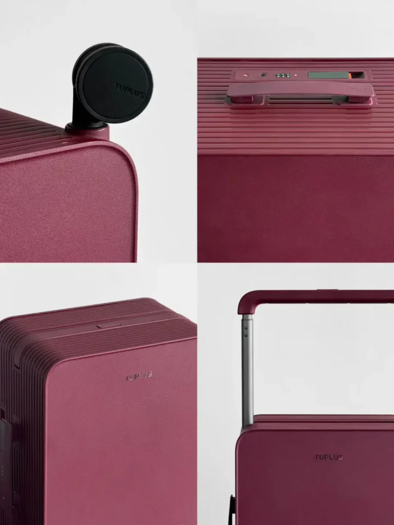 Detailed shots of premium suitcase components including silent wheels and sturdy telescopic handle, highlighting the durability of LUGVO sustainable corporate gifts.