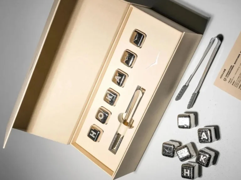 Premium stainless steel reusable ice cubes as a sustainable corporate gift, showcasing durable and eco-friendly luxury branding by LUGVO.