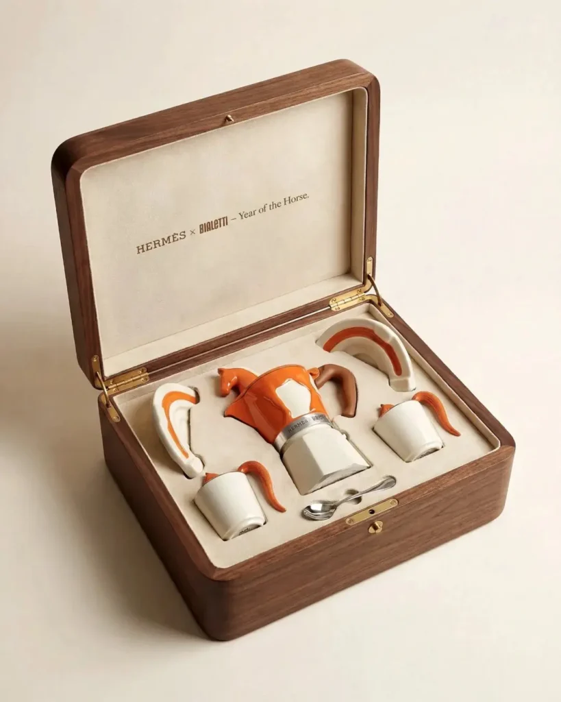 Design illustration of a custom pour-over coffee set gift box, featuring branded merchandise for coffee enthusiasts.