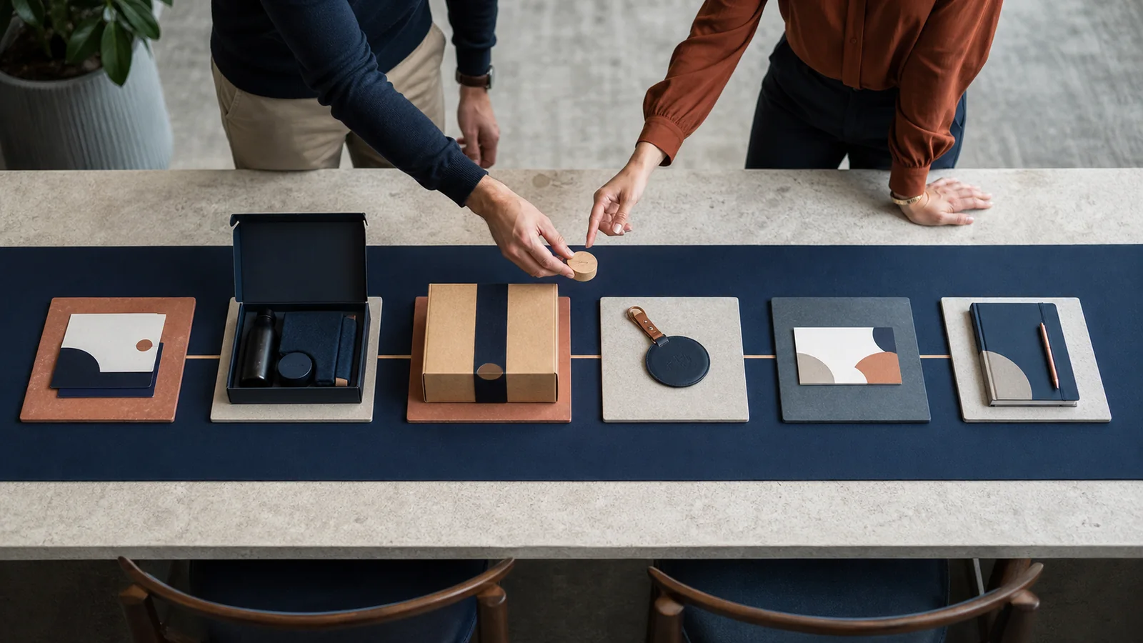 Six states of an ABM gifting programme A neutral corporate gift moving through six distinct operational stations from account review to delivery and follow-up