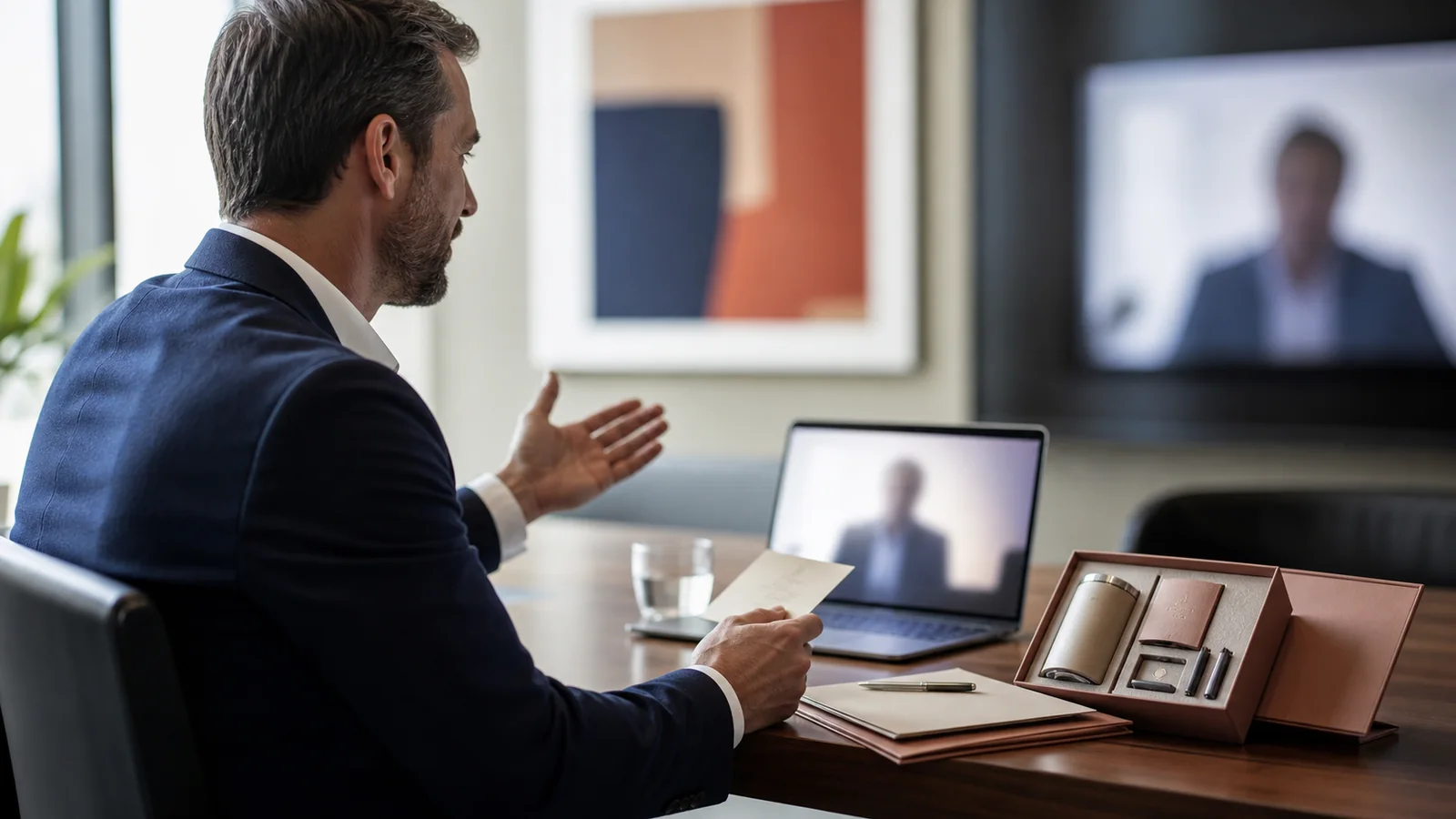 Human follow-up after an account-based gift Account manager holding a thoughtful post-delivery conversation beside a neutral gift and an anonymised CRM screen