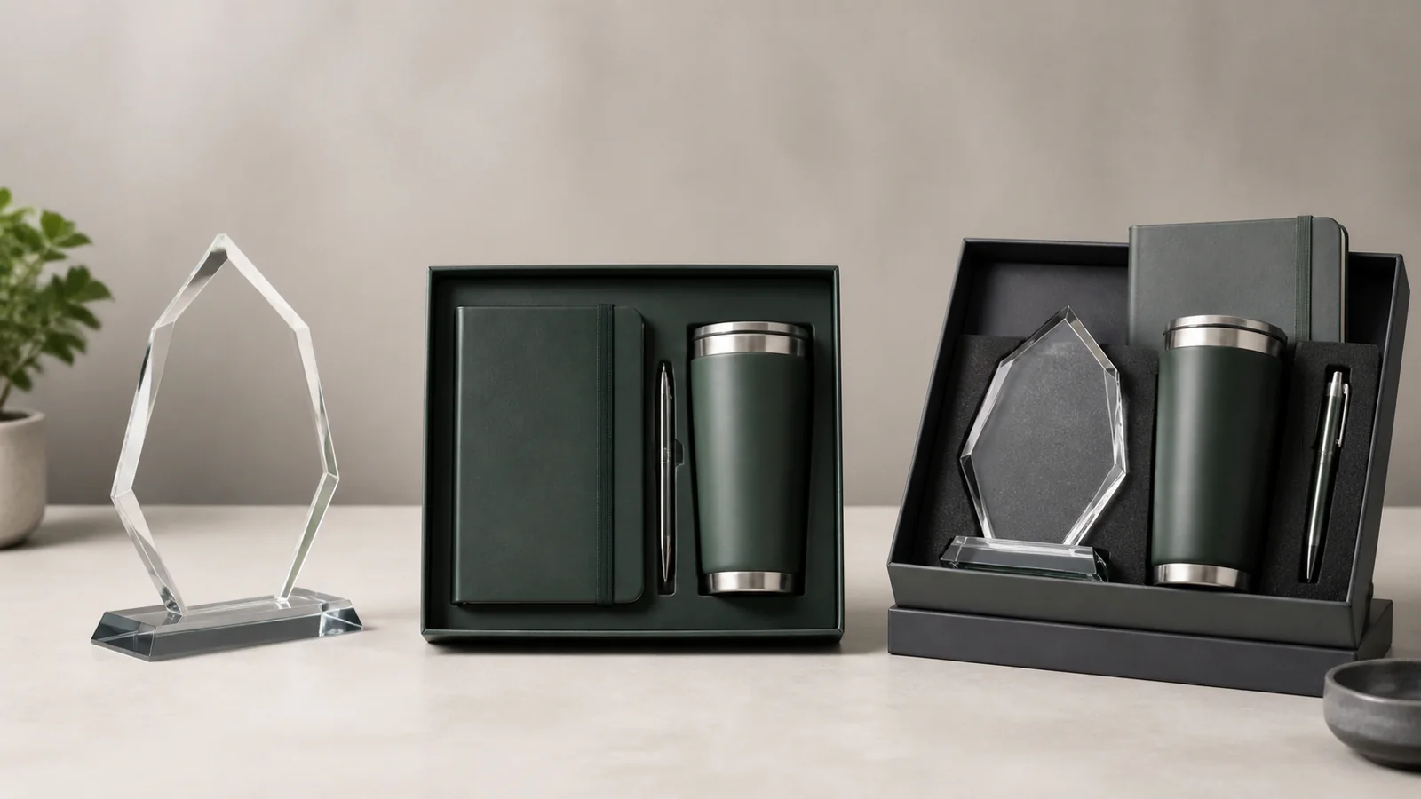 Symbolic award practical gift and combined recognition set arranged for an HR programme comparison