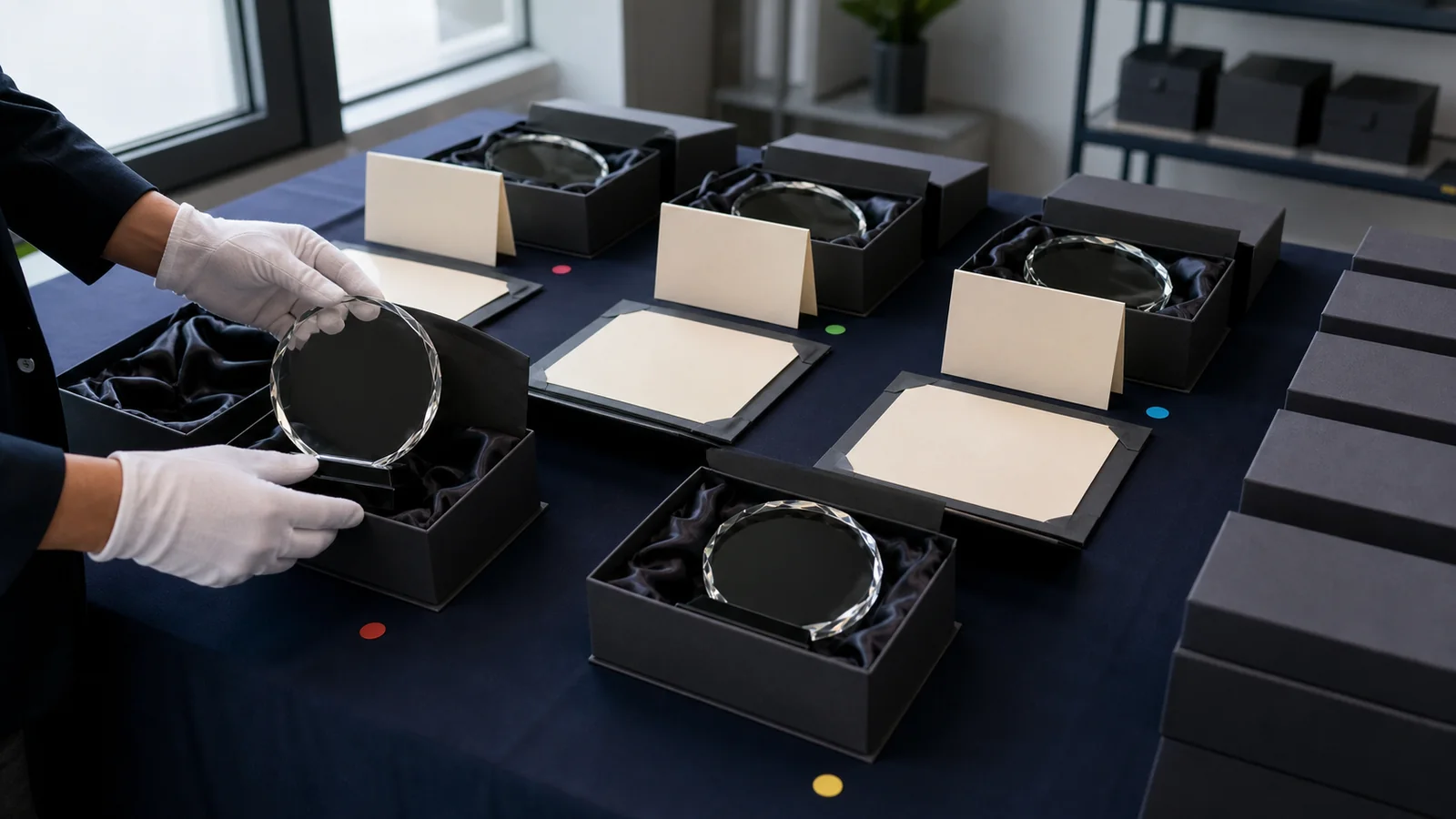 Corporate Award Sourcing Checklist: Control Names, Finish and Delivery 2 A quality team reconciling protected corporate awards, blank recipient cards and destination packs before release