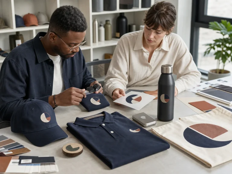 Home 5 Procurement and brand team comparing embroidery print transfer and engraving samples