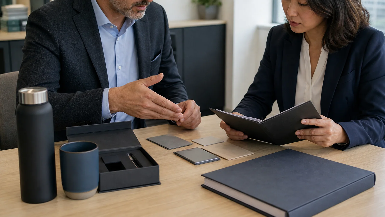Compliance and procurement colleagues reviewing a client gift approval file beside unbranded samples