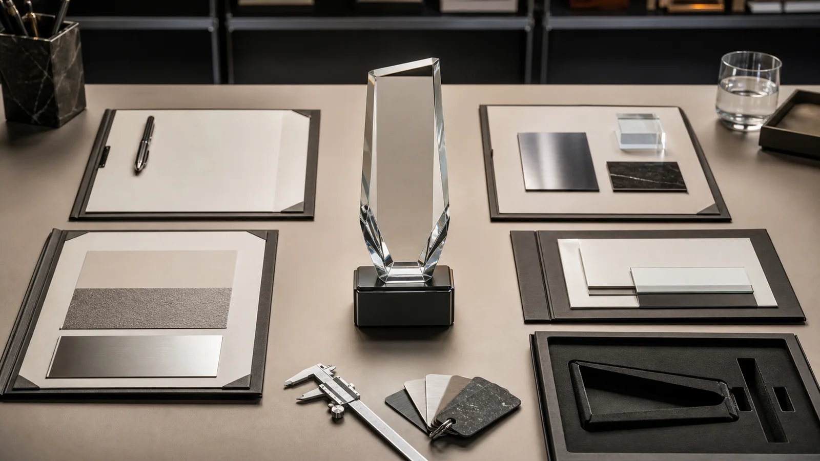 Corporate Award Sourcing Checklist: Control Names, Finish and Delivery 1 A premium corporate award beside five separate blank control folders representing its production passport