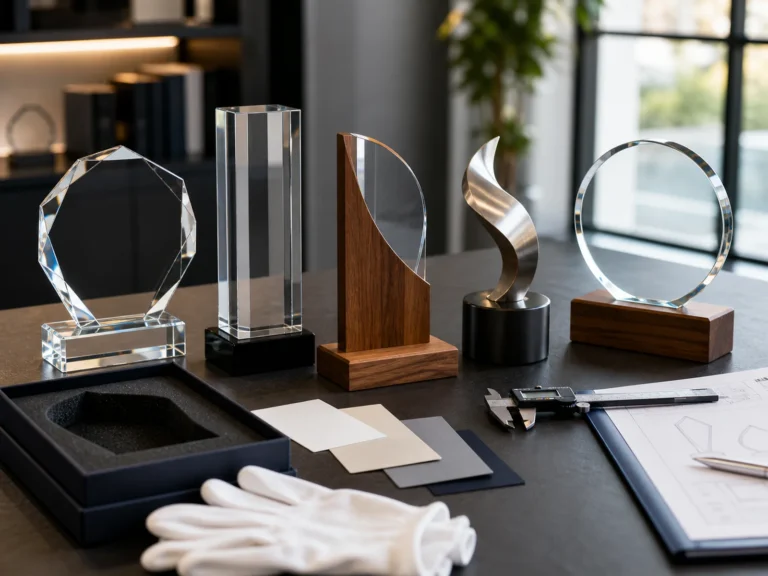 Glass metal and wood corporate awards arranged for sourcing quality review