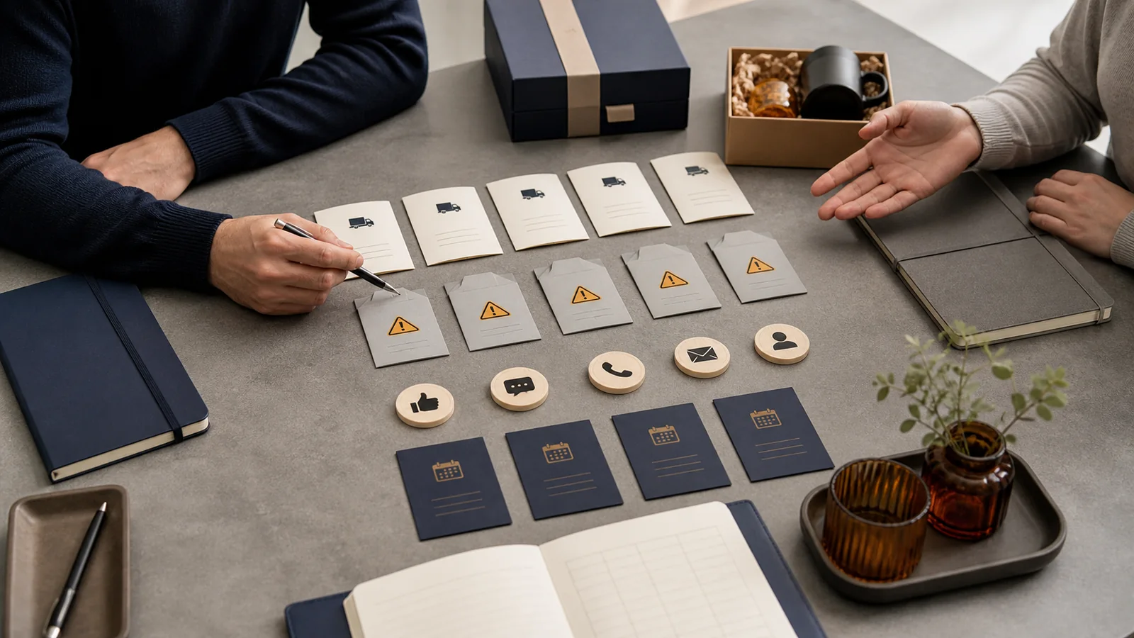 Corporate gift campaign evidence layers Five physical evidence stages represented by a delivered gift box, response card, meeting setup, commercial file and comparison marker