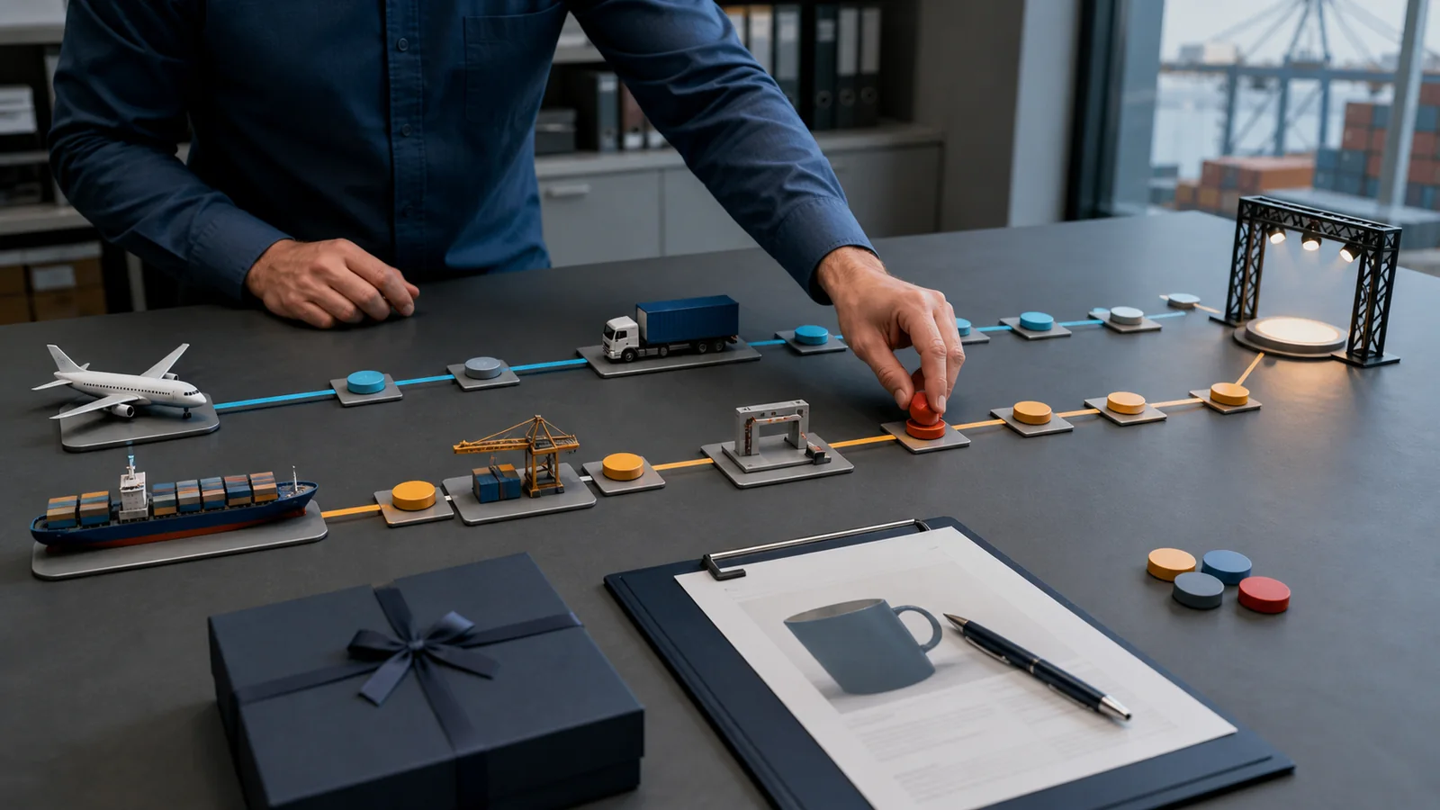 A logistics deadline board connecting a corporate event, destination buffer, customs, cargo handover and production release