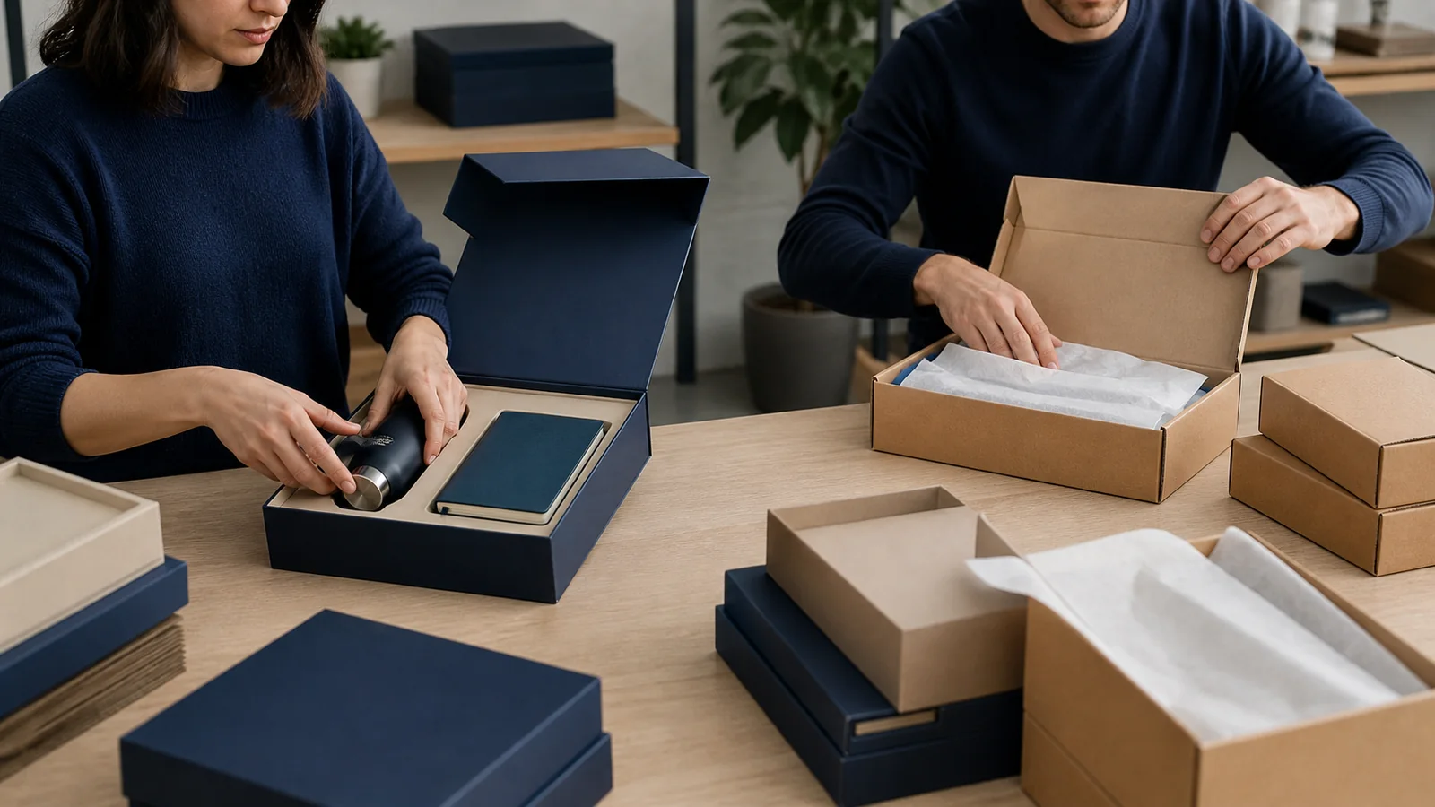 Two packaging workers assembling unbranded gift boxes and protective shipping mailers