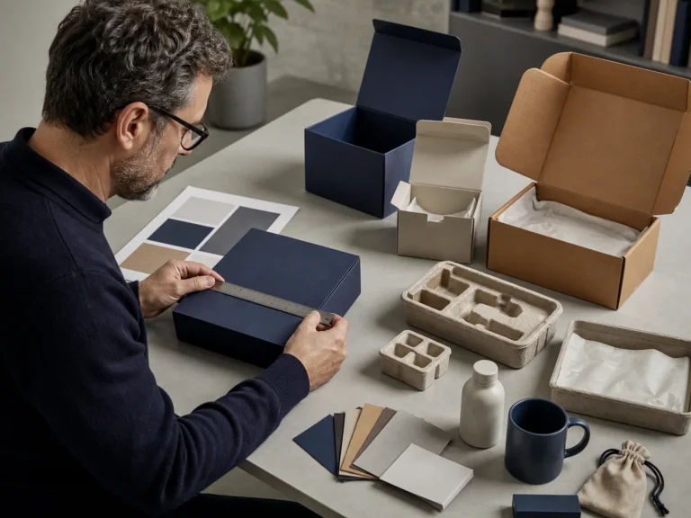 Procurement buyer comparing unbranded gift boxes, inserts, mailers and material swatches