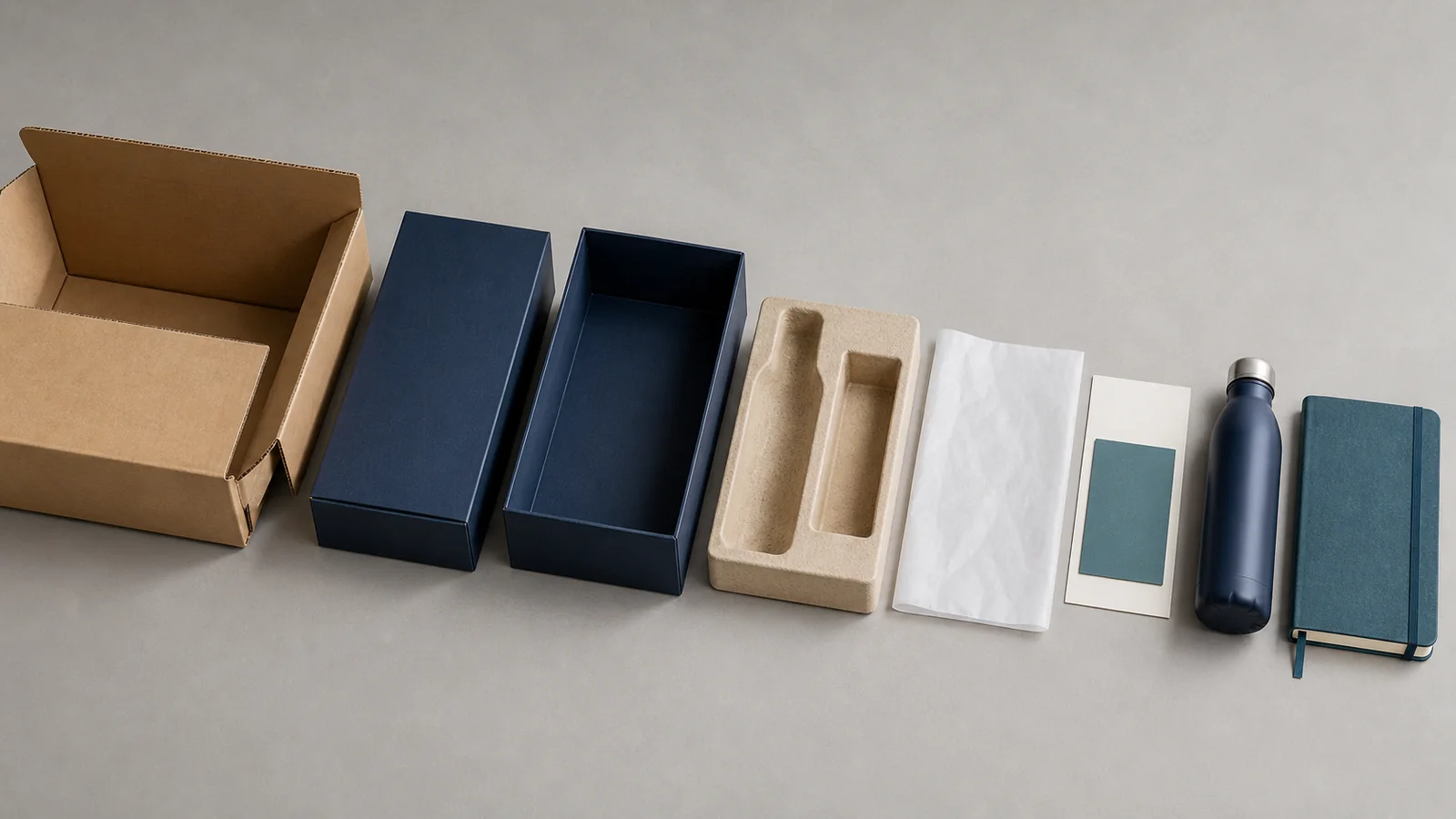 Separate layers of an unbranded corporate gift pack, including mailer, box, insert, tissue, card, bottle and notebook