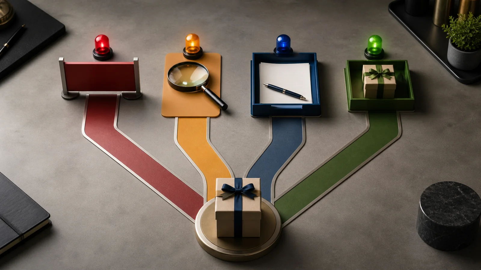 Four outcomes in a corporate gift approval process Four distinct physical decision lanes representing stop, review, approve and proceed outcomes