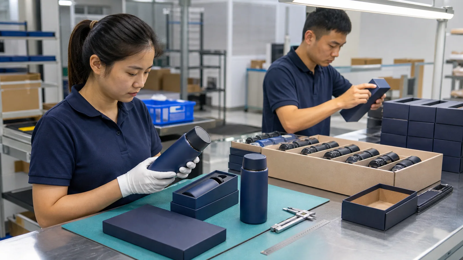 Corporate Gift Quality Inspection Quality inspectors checking unbranded drinkware and gift boxes at an orderly production station