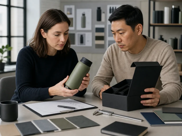 Home 5 Procurement and brand managers examining an unbranded corporate gift sample