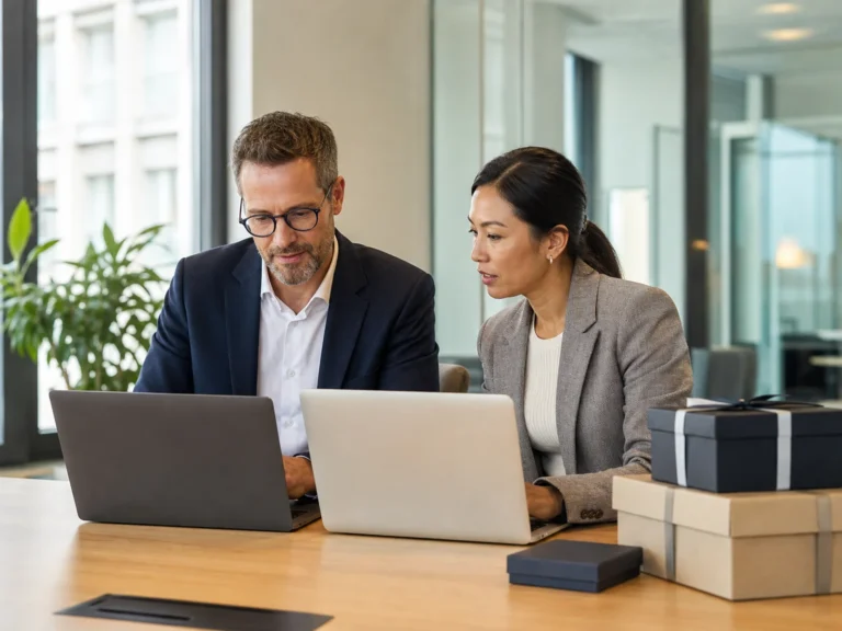HR and procurement colleagues reviewing a secure employee gift address workflow