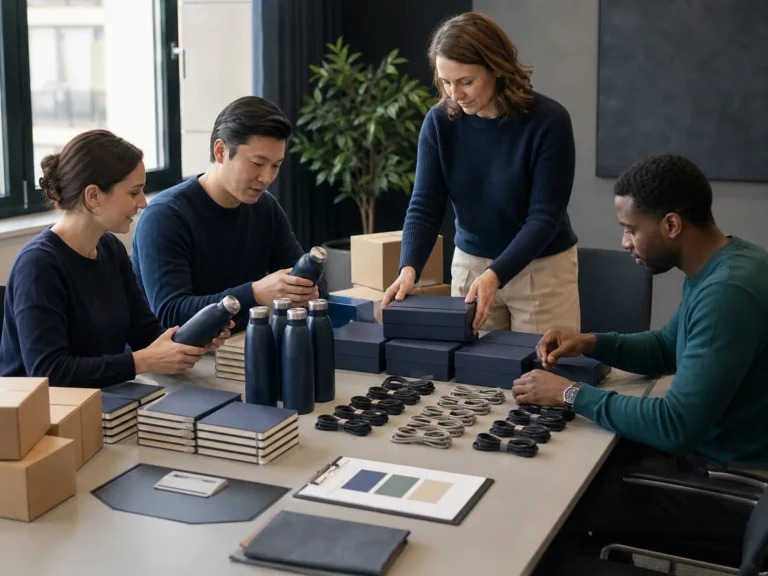 Home 5 Event planning team organising unbranded merchandise samples and cartons by quantity