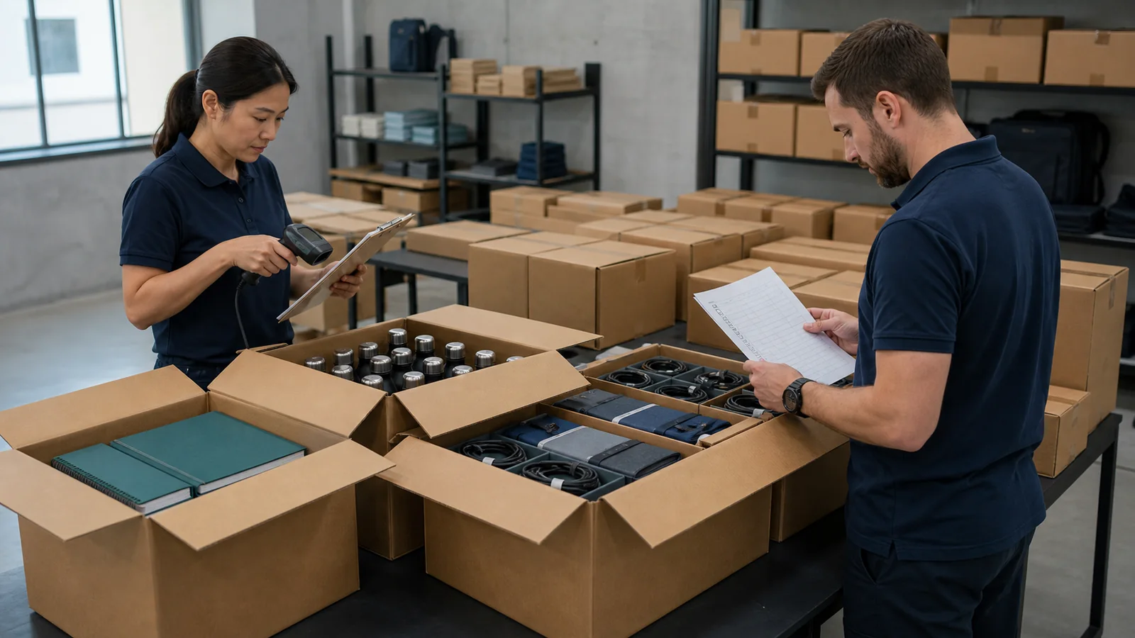 Event Merchandise Stock Staging Event logistics staff checking quantities of merchandise packed in organised cartons
