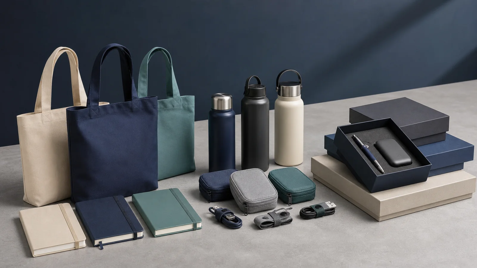 Tiered Event Merchandise Assortment Three tiers of unbranded event merchandise, from tote bags and notebooks to bottles and premium gift boxes