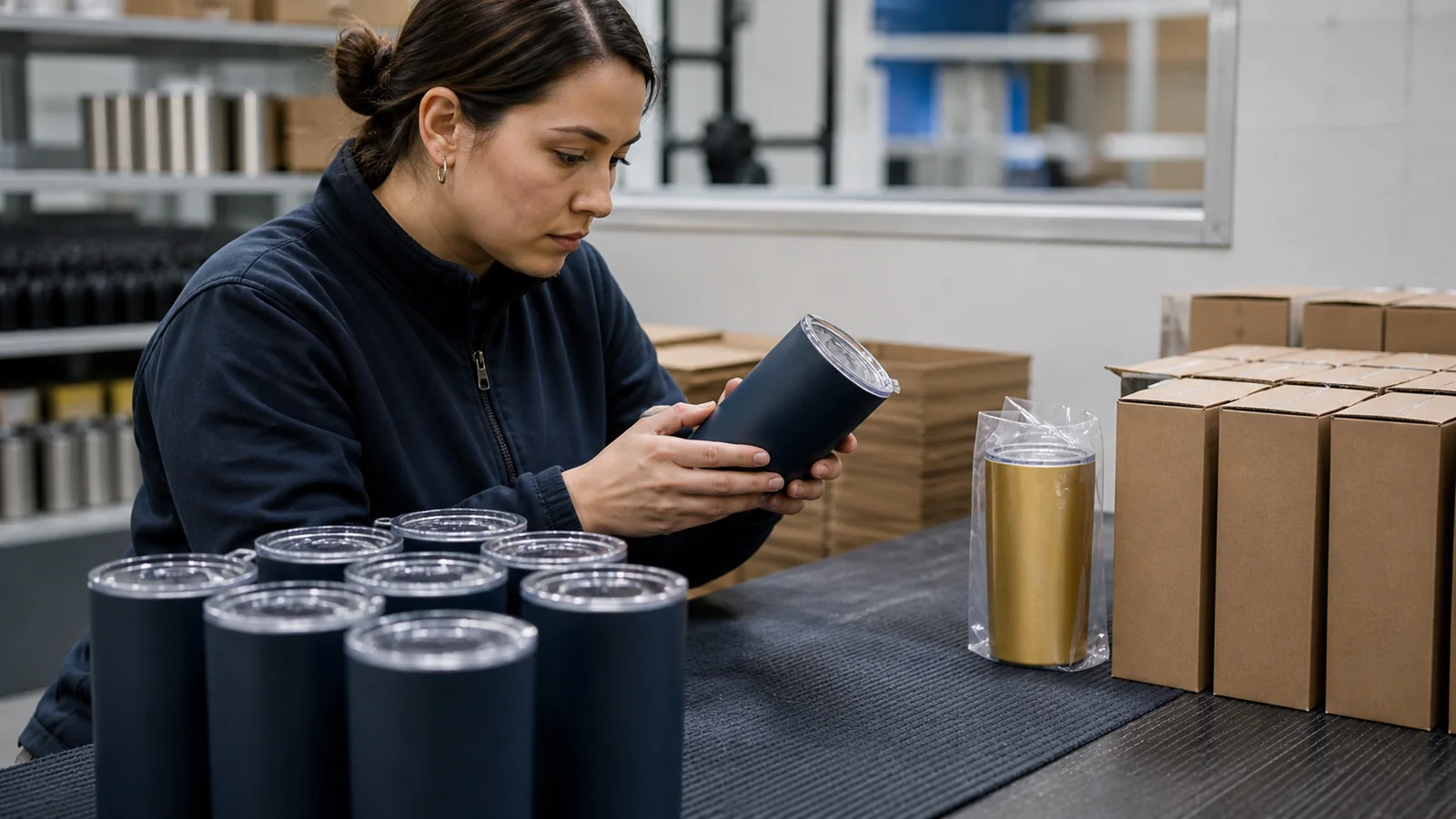 Quality inspector checking production units beside a sealed golden sample
