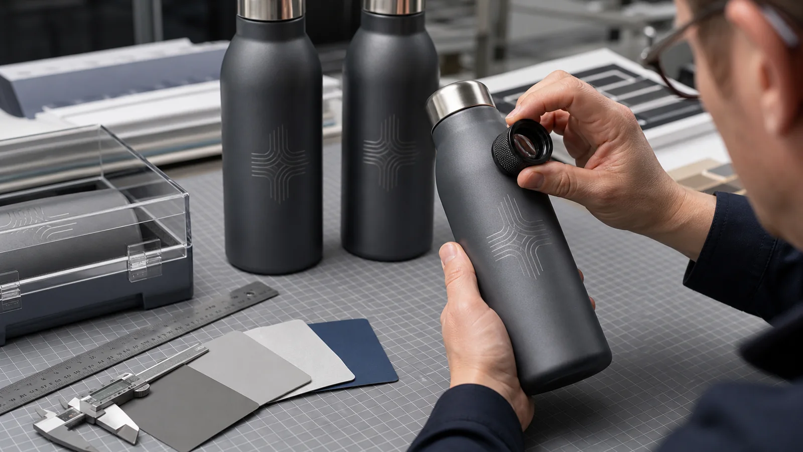Laser-engraved drinkware inspection Quality inspector checking laser engraving contrast and position on unbranded metal drinkware
