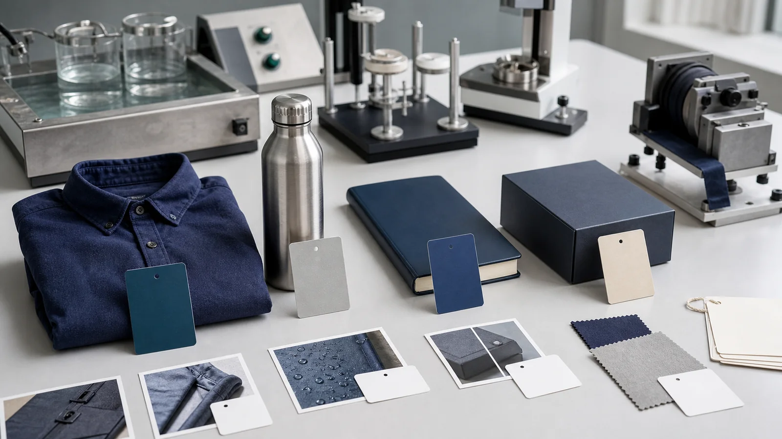 A procurement team comparing product use profiles with physical branded merchandise samples
