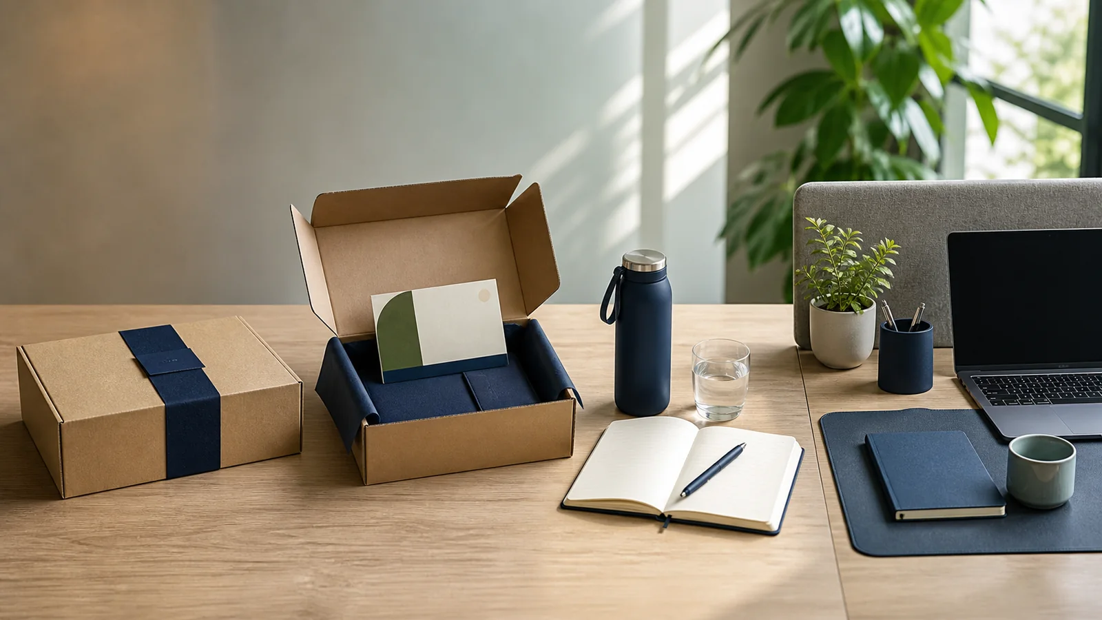 Employee onboarding gift box across the first 30 days Employee onboarding box components arranged along four moments from pre-start to first month