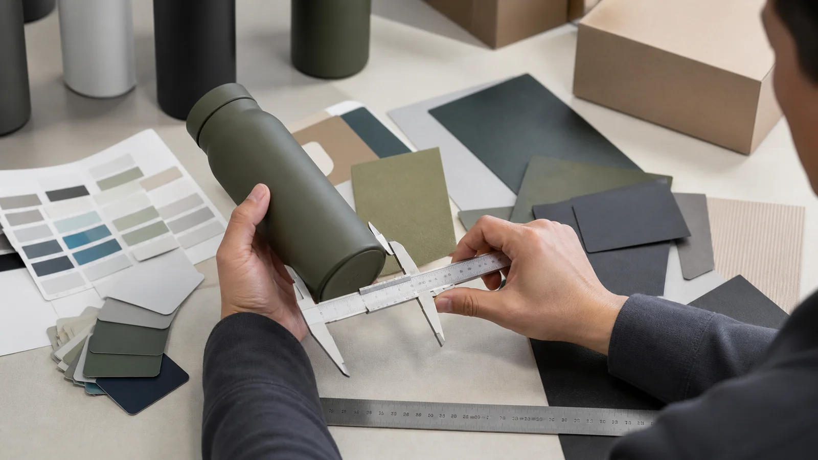 Procurement specialist comparing sample dimensions materials and colour references